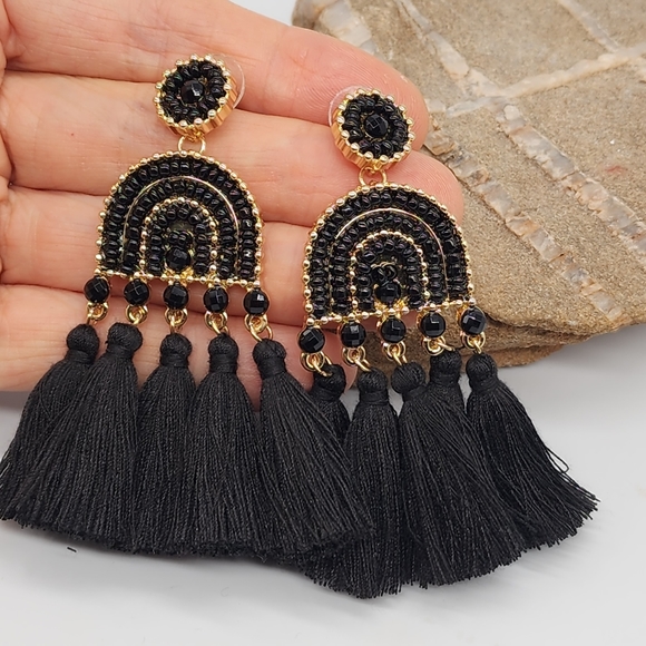 Anthropologie Big Light Earrings Boho Beaded Jewelry Black Tassels - Picture 1 of 9